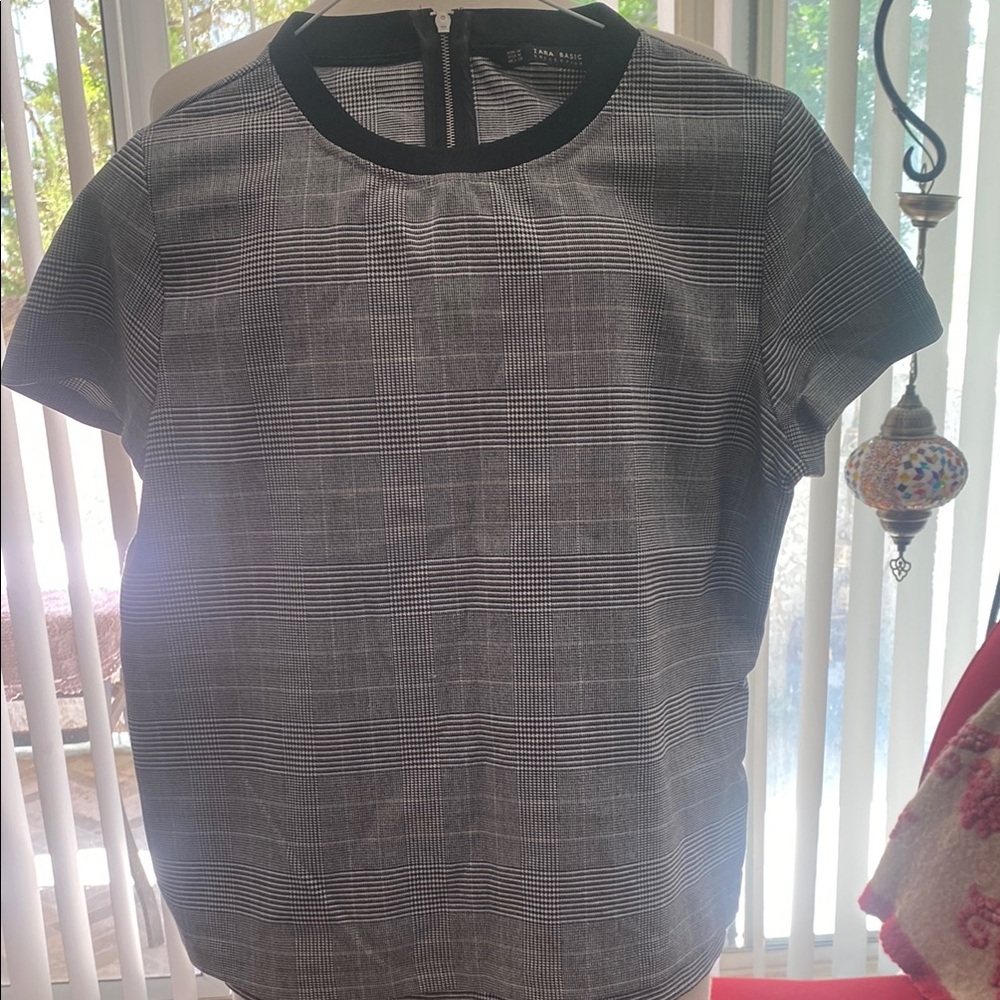 Zara Monochrome Checkered Short Sleeve Blouse
